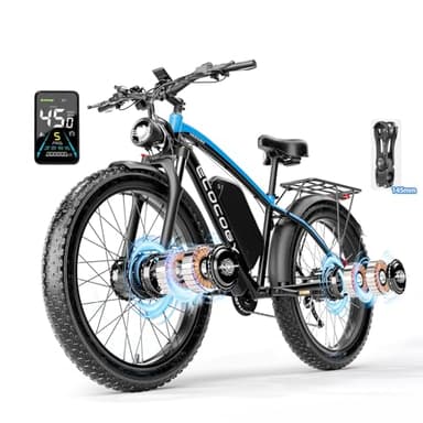 (G7-Blue 52V 32Ah+Handlebar Riser) 5000W Peak Dual Motor Electric Bike for Adults, 40-45MPH &100Miles, Hydraulic Disc Brake Bicycle, 26" Fat Tire Off Road Snow Mountain Ebike, 7-Speed Pedal Assist