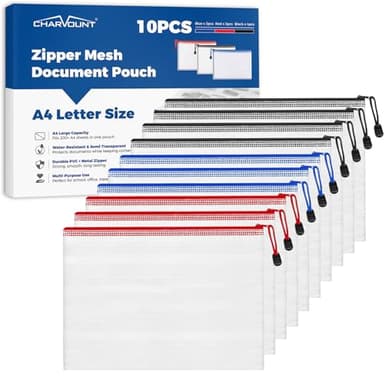 Charmount A4 Mesh Zipper Pouch Bags, Waterproof Plastic Document Organizer Folders, Multipurpose File Bags for Office, School, Toys, Board Games, Puzzles, Travel, and Home Storage Supplies-10 Pack