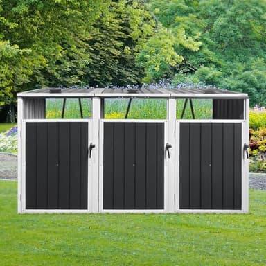Metal Outdoor Garbage Bin Shed, Lockable Storage Shed for 3 Trash Cans, Galvanized Steel Waste Bin Storage Shelter for Garden, Yard, Patio, Grey (Inner Width: 25.7")