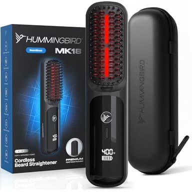 HUMMINGBIRD MK18 BeardBoss Cordless Beard Straightener for Men – Heated Beard Brush & Hot Comb, 5 Temp Settings, Anti-Scald Portable Hair Straightener, PTC Ceramic Heat, Infrared & Ionic, Travel Case
