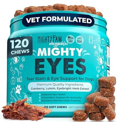 Mighty Paw Waggables Eyes (Made in USA) | Tear Stain Chews for Dogs. Vision and Tear Stain Support Supplements for Dogs. Lutein Supplement. Lubricates Eyes, Immune Support (120 Ct)