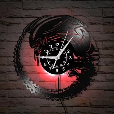 TIMEGLOW 12 Inch Intelligent Beings Alien Horror Xenomorph Baby Vinyl Record Wall Clock 7 Kinds of LED Color, Extra-Terrestrial Wall Clock Modern Silent Night Light Wall Watch Clock for Movie Lovers