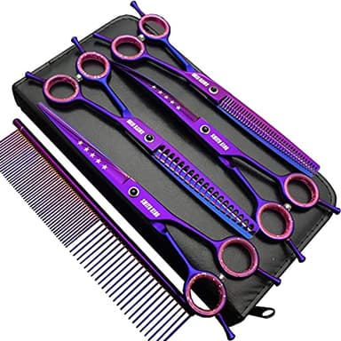7.0 inches Professional Dog Grooming Scissors Set Straight & thinning & Curved & chunkers & comb 5pcs in 1 Set for left-handed & right handed