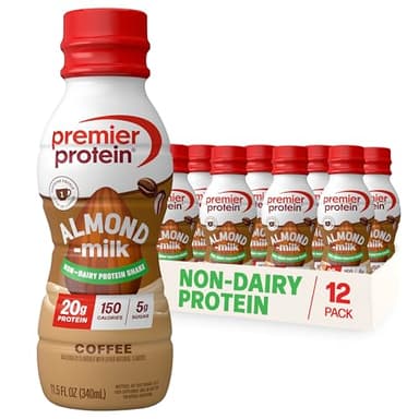 Premier Protein Non-Dairy Plant Based Almondmilk Protein Shake, Coffee with Caffeine for Energy – 20g Protein, 5g Sugar, 11.5 Fl oz (12 Pack)
