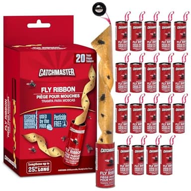 Catchmaster Fly Ribbon 20-Pack, Bug & Fruit Fly Traps Outdoor and Indoor, Premium Adhesive Sticky Strips & Gnat Hanging Strips, Bulk Flying Insect Paper Rolls, Pesticide-Free Home Pest Control