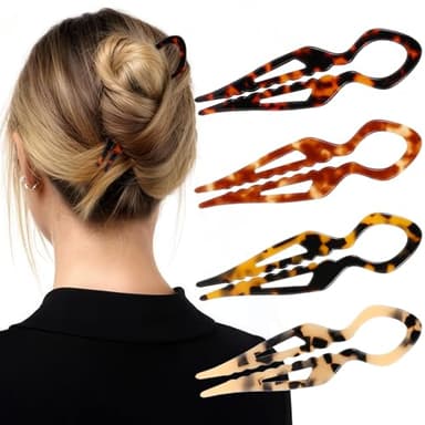 4PCS Prestige French Hair Pins for Women - 4.33” Large Tortoise Shell Hair Pin for Updos Chignons & Buns-Acetate French Twist Pin, Strong Hold Hair Clips All-Day, Hair Styling for Thick Hair