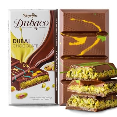 Beyoglu Dubaco Dubai Chocolate Bar Pistachio 3.36 Oz (Pack of 1), Luxury & Premium Dubai Milk Chocolate Bar Filled with Pistachio Butter & Shredded Knafeh Kadayif