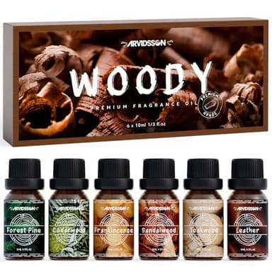 Woody Essential Oils Set, ARVIDSSON Woodsy Fragrance Oil for Candle Making, Sandalwood, Leather, Teakwood, Frankincense, Cedarwood, Pine, Diffuser Essential Oil for Men and Women
