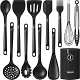 Silicone Cooking Utensils Set - 600°F Heat Resistant, Nonstick Kitchen Utensil Set with Spatulas, Spoons, Whisk, Tongs, BPA Free, Dishwasher Safe, Black
