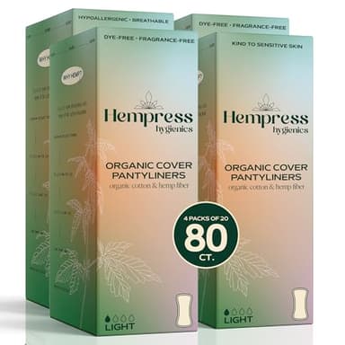 Hempress Panty Liners for Women, Organic Pads for Feminine Care, Light Absorbency, Ultra Thin and Comfortable Menstrual Liners, Breathable Cotton, Fragrance Free & Gentle on Sensitive Skin (80 Count)