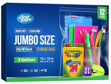 12 Large Storage Bags With Zipper Top - 3 Gallon Size, 16" x 18", Extra Large Plastic for Clothes, Travel, Moving, Large Reusable freezer bags, BPA-Free, 2-mil Thick
