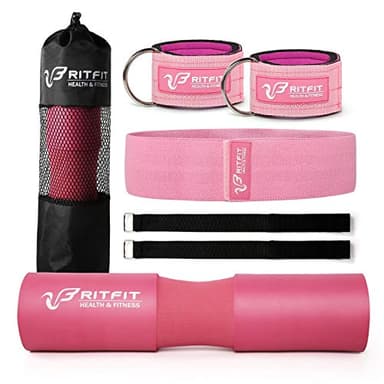 RitFit 7 Pcs Barbell Squat Pad Set, with Resistance Band, 2 Safety Straps, 2 Gym Ankle Straps & Carry Bag, Upgraded Neck & Shoulder Protective Pad Support for Squats, Lunges & Hip Thrust (Pink/Black)