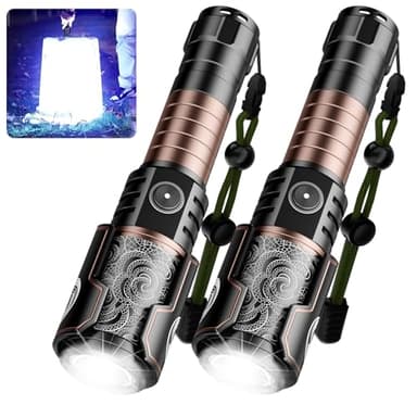 SKYFIRE Rechargeable Flashlights with Ignition Lens: 2 Pack High Lumens Tactical Flashlight LED Zoomable with 6 Modes IPX6 Handheld Powerful Flash Light for Hunting, Storm preparedness,Home&Gifts