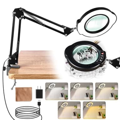 Jaenmsa 10X Magnifying Glass with Light and Stand, LED Desk Lamp with Clamp, 5 Color Mode, 10 Dimmable Levels, Hands Free for Reading Crafts Jewelry Sewing Close Work