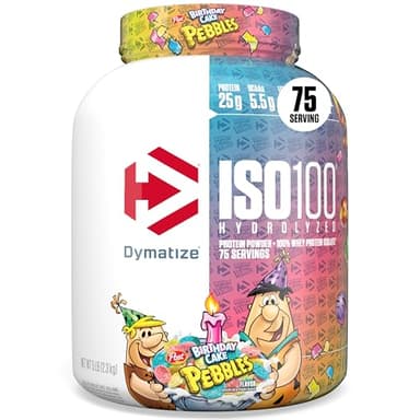 Dymatize ISO100 Whey Protein Powder Isolate, Birthday Cake, 25g of Protein, 5 Pound, 5.5g BCAAs, Less Than 120 Cal., Gluten Free, 1g Fat, 1g Sugar, 2g Carb (75 Servings)