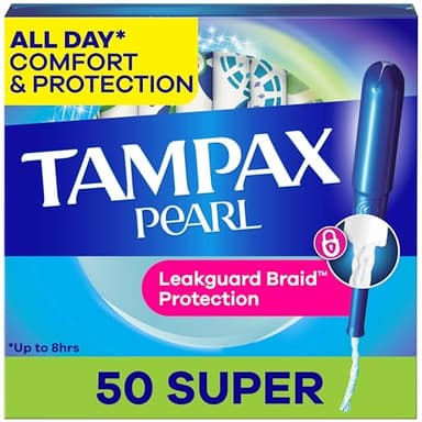 Tampax Pearl Tampons for Women, with LeakGuard Braid, Super Absorbency, Unscented, 50 Count
