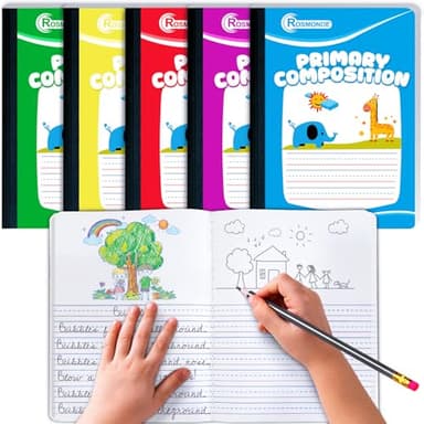 Rosmonde Composition Notebook 5 Pack, Grades K-2 Primary Ruled, 200 Pages (100 Sheets), Draw and Write Journal, 9-3/4" x 7-1/2", Primary Composition Notebooks, Hard Cover, Assorted Colors