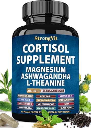 StrongVit Cortisol Supplements for Women and Men with Magnesium, Ashwagandha & L-Theanine. High Cortisol Reducer, Manager, Detox, Lower and Control. Sleep Support & Stress Relief, USA