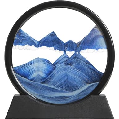 KPNUWN Moving Sand Art Liquid Motion, 3D Deep Sea Sandscape Color Quicksand Decor, Round Glass Moving Sand Art Picture Relaxing Desktop Home Office Work Decor (Blue, 7 inch)