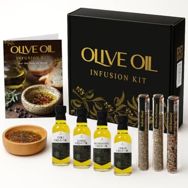 Infused Olive Oil Gift Set – Variety Pack - 4 Flavored Olive Oil Extra Virgin, 3 Spice Flavorful Infusion Blends, Bread Dipping Bowl & Recipe Booklet - Set of 8 – Gourmet Cooking Gifts for Women - Valentine Gifts
