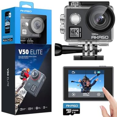 AKASO V50 Elite 4K60fps Action Camera with 256GB MicroSDXC U3 Memory Card Accessories Kit Bundle Voice Control EIS 131 feet Waterproof Camera 8X Zoom Remote Control