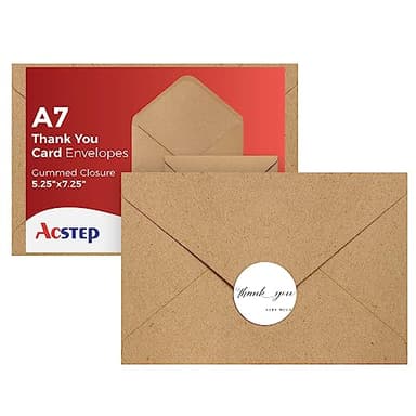 ACSTEP 100PACK Kraft 5X7 Envelopes,Brown A7 Envelopes Self Seal for Weddings, Invitations, Photos, Postcards, Greeting Cards Mailing,Baby Shower, Graduation With Thank You Stickers