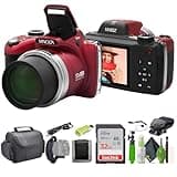 MINOLTA MN53Z 16 MP / 1080P FHD Bridge Digital Camera w/53x Optical Zoom (Red) Bundle with 32GB Memory Card + Camara Bag + Cleaning Kit + Vlogging Tripod + Accessories