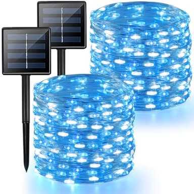 2 Pack Blue and White Solar String Lights Outdoor, 80FT 200 LED Waterproof Silver Wire Fairy Light, 8 Modes Solar Twinkle Light for Christmas Wedding New Year Independence Day Patio Fence Tree Decor
