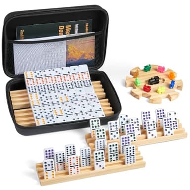 ELONGDI Mexican Train Double 12 Dominoes Set with 4 Wooden Trays/Racks in Portable Carrying Case Colorful 91 Tiles & 9 Trains Board Game for Family Game Night