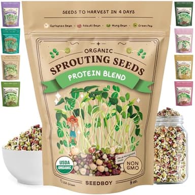Seedboy Organic Non-GMO Sprouting Seeds, Protein Blend - USA Grown Microgreens Mix with Garbanzo, Mung Bean, Adzuki Beans, Green Pea - 8 oz Bag Makes 6 Quarts / 24 Servings (Protein Blend)