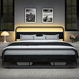 Catrimown King Size Bed Frame, Metal Black Bed Frame with Wood Headboard and Footboard, LED Platform Bed Frame with 12" Under Bed Storage, Noise Free, No Box Spring Needed