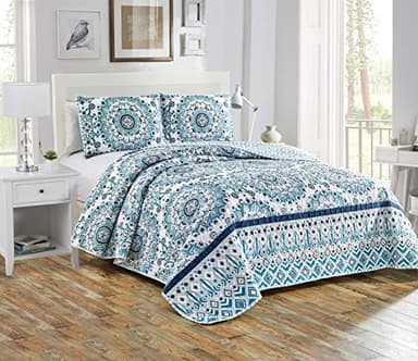 Home Collection 3pc King/Cal King Quilted Bedspread Set Floral Bedding Turquoise Navy Blue White Sage Green