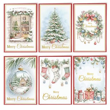 Solpla 24 Christmas Cards Assortment, Festive Gold Foil Glitter Watercolor Bulk Xmas Cards with Envelopes & Messages - 6 Patterns, 4 3/4" x 7" for Friends, Family, Kids, Boys & Girls