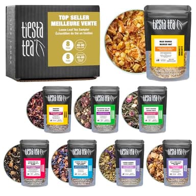 Tiesta Tea - Top 8 Favorites Sampler Set, Loose Leaf, Up to 80 Cups, High to No Caffeine, Hot & Iced, Tea Variety Pack with Green, Herbal, & Black, 8 Sample Pouches