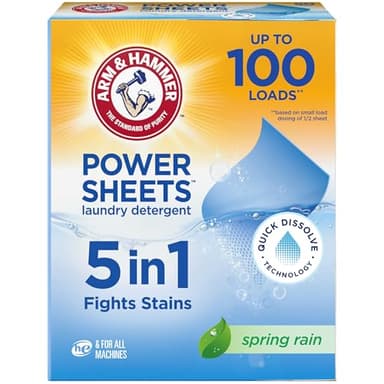 ARM & HAMMER 5-in-1 Power Sheets Laundry Detergent, Spring Rain, 50 Count, up to 100 Small Loads