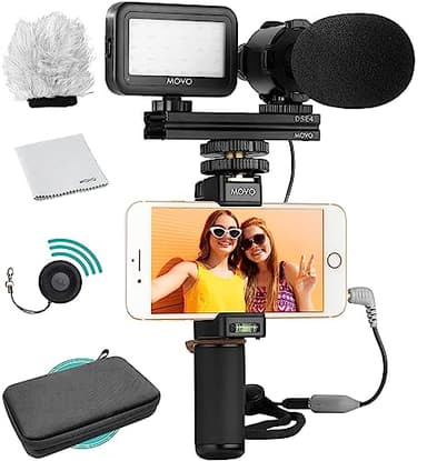 Movo Vlog Kit V7 - YouTube Starter Kit with Grip, Stereo Microphone, Light and Wireless Remote Vlogging Kit for iPhone for YouTube, TikTok, Vlogging Equipment for iPhone/Android - iPhone Vlogging Kit