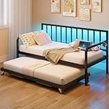 Rolanstar Daybed with Charging Station and LED Lights, Height Adjustable Twin Daybed with Trundle, Metal Sofa Bed Frame with Steel Slat Support for Living Room, Bedroom and Guest Room, Black