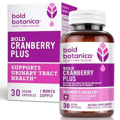 Bold Cranberry Plus Capsules - 100% Soluble 36mg PACs - Cranberry Pills for Women & Men with Urinary Tract Support, Non-GMO Vitamin C — 30 Vegan Capsules, 1 Month Supply