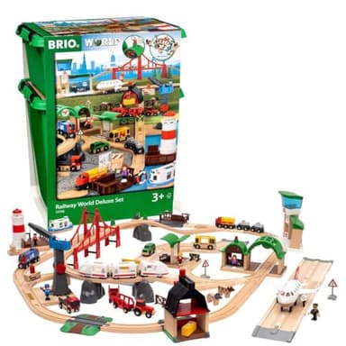BRIO World Railway World Deluxe Set - 106-Piece FSC-Certified Wood and Accessory Train Set - Works with All Wooden Train Sets - Includes Tracks, Vehicles, Bridge & More - Kids Ages 3 & Up