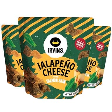 IRVINS Salted Egg Salmon Skin Chips – Jalapeno Cheese, Upcycled Salmon Skin, Dangerously Addictive, Hand Cooked, Keto-Friendly, Halal, High Protein Snack, Re-sealable (2.8 oz, Pack of 3)