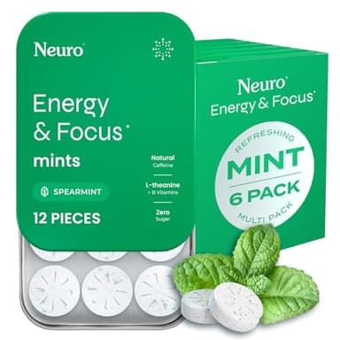 Neuro Energy & Focus Mints - Sugar Free Breath Mints with 40mg Natural Caffeine, B Vitamins & L-Theanine - Vegan Brain Supplement for Exercise, Study & Daily Focus - Spearmint, 72 ct