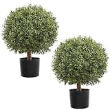 JUSTOYOU 24.5''T Artificial Boxwood Ball Topiary Tree, Set of 2 Bushes Potted Plants for Porch Outdoor or Indoor, Home Decor UV Resistant