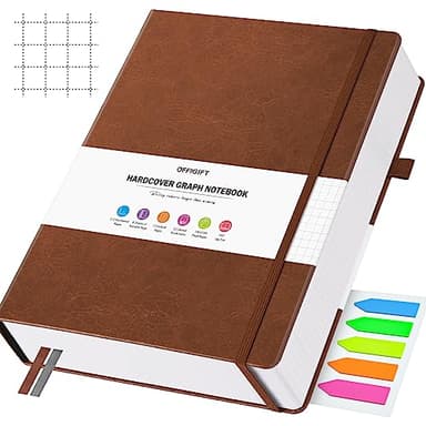 OFFIGIFT Graph Paper Notebook, 312 Numbered Pages Large B5 Hardcover Leather Journal, 100gsm No Bleed Grid Paper Notebook with Index Pages, Grid Notebook for Graphing Notes Math, 7.6'' X 10'', Brown