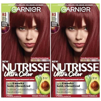 Garnier Hair Color Nutrisse Ultra Color Nourishing Creme, R3 Light Intense Auburn (Red Hibiscus) Permanent Hair Dye, 2 Count (Packaging May Vary)