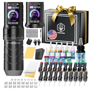 Poseidon Tattoo Gun Kit 7 Strokes Length Tattoo Machine Kit with 2pcs 2300mAh Battery 20pcs Tattoo Cartridge Needles 11pcs Inks Complete Tattoo Pen Kit Supply for Beginner and Artist