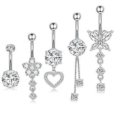 Leocuci Surgical Stainless Steel Dangle Belly Button Rings for Women Belly Ring Dangling Piercing Jewelry with Heart Flower Butterfly 14G