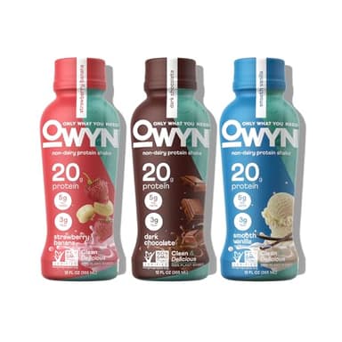 OWYN Only What You Need Protein Shake Variety Pack, Strawberry Banana, Dark Chocolate, Smooth Vanilla Flavored Protein Shakes, 20g Protein, 4g Sugar, 3g Fiber, Dairy Free, Plant Based Protein, 12 CT