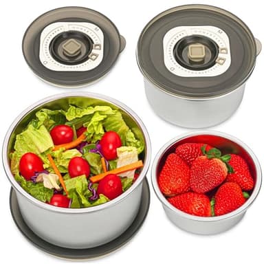 Everusely Vacuum Sealed Food Containers - Set of 3 Stainless Steel Metal Lunch Storage with Translucent Lids - Leakproof & Food Grade - Fridge/Freezer Kitchen Nesting Bowls