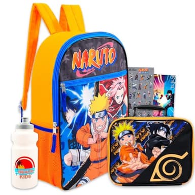 Naruto Backpack with Lunch Box - Bundle with 16” Anime Backpack, Lunch Bag, Stickers, Water Bottle, More | Naruto School Bag for Kids, Boys, Girls