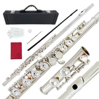 WUQIMUSC 16 Key Closed Hole C Flute - Student Flute for Beginners,Easy to Play with Durable Design, Includes Carrying Case, Cleaning Kit, Gloves, Perfect for Learning(Silver)